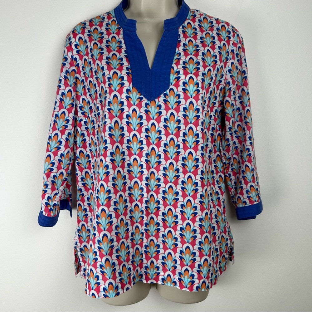 Talbots Tunic Top sz SP Vibrant Multicolor 3/4 Sleeve Preppy Country Club